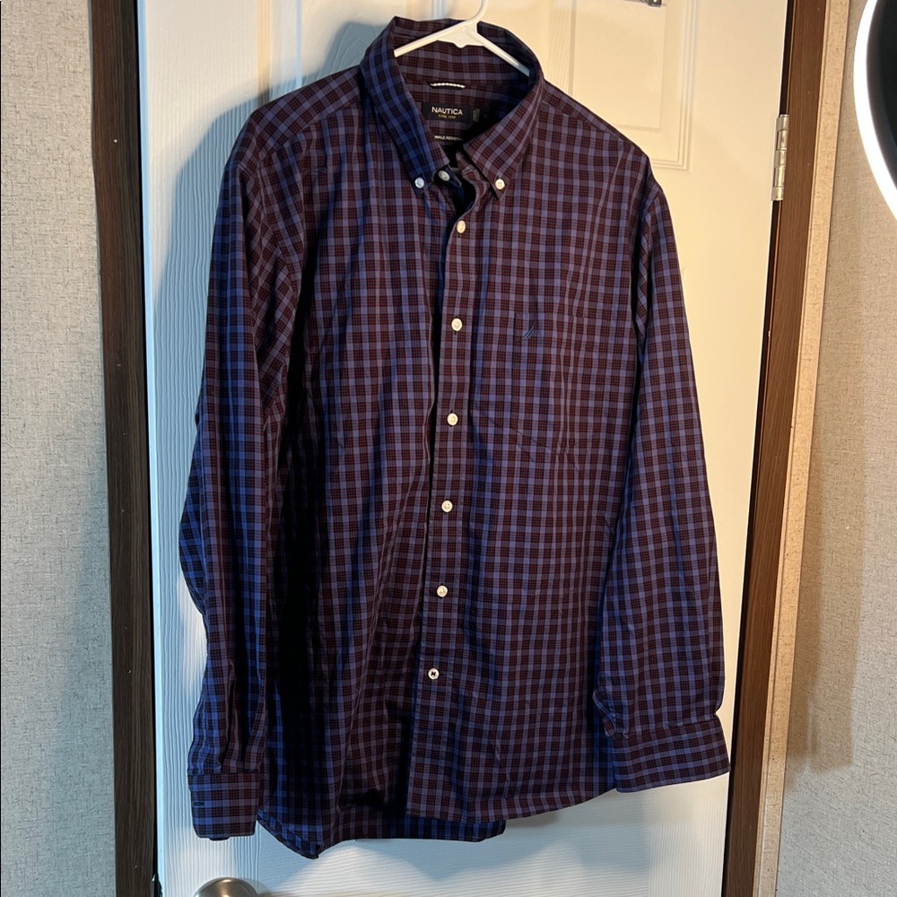 Nautica Men's Blue and Purple Checkered Shirt